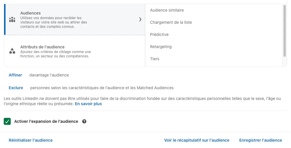 Menu Audiences et case Activer l'expansion de l'audience cochée par défaut