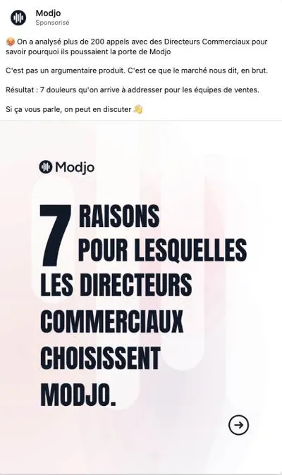 Publicité LinkedIn Modjo : 7 raisons pour lesquelles les directeurs commerciaux choisissent Modjo, 200 appels analysés, carousel