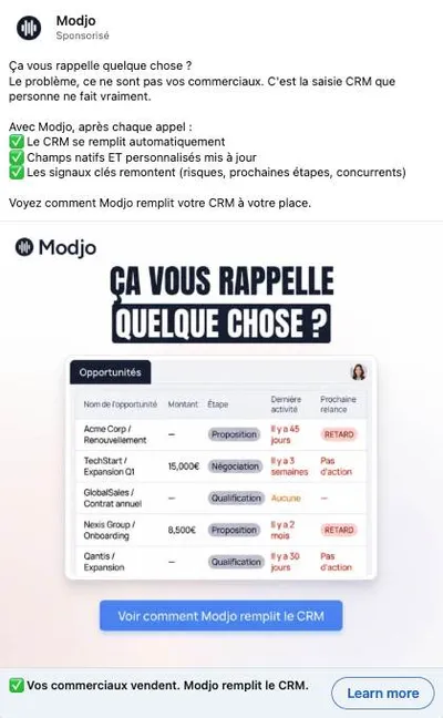 Publicité LinkedIn Modjo : Ça vous rappelle quelque chose, saisie CRM, mockup opportunités en retard