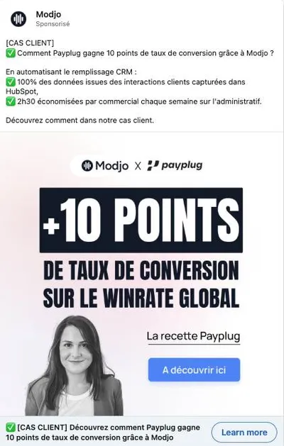 Publicité LinkedIn Modjo : Cas client Payplug plus 10 points de conversion, remplissage CRM auto, photo