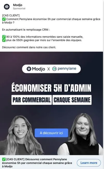 Publicité LinkedIn Modjo : Cas client Pennylane 5h d'admin par commercial par semaine, 550h par mois, photos