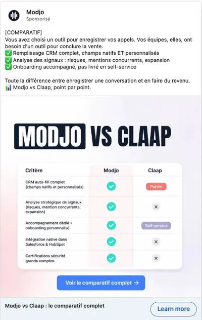 Publicité LinkedIn Modjo : Modjo vs Claap, tableau comparatif 5 critères, CTA comparatif complet