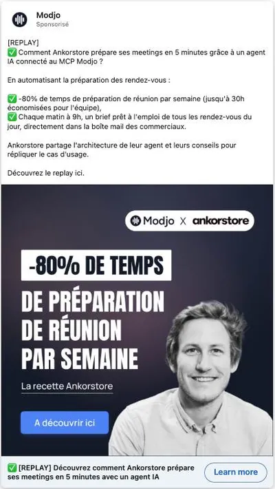 Publicité LinkedIn Modjo : Replay Ankorstore moins 80% temps de préparation, agent IA MCP, photo