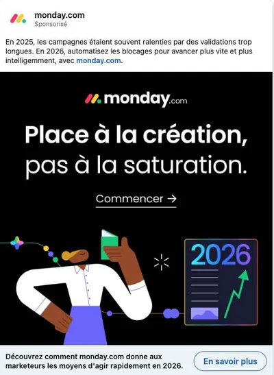 Publicité LinkedIn monday.com : 2025 vs 2026, Place à la création pas à la saturation, fond noir