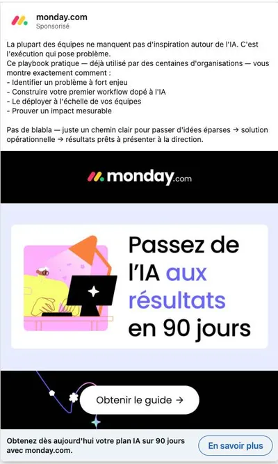 Publicité LinkedIn monday.com : Guide IA aux résultats en 90 jours, bullets étapes, promesse délai
