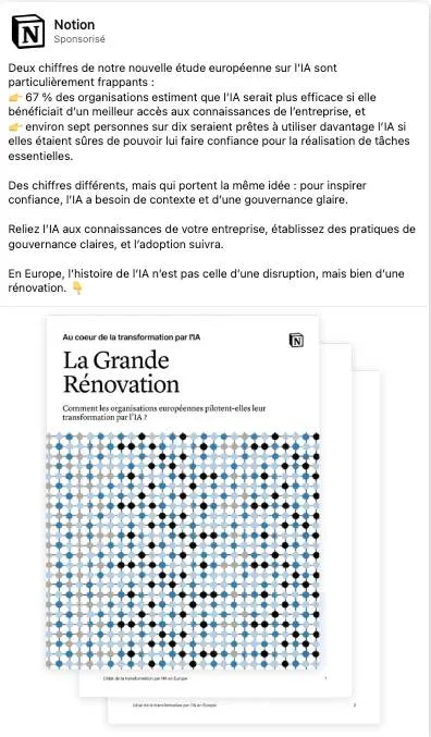 Publicité LinkedIn Notion : Étude IA Europe 67% et 7 sur 10, document ad PDF La Grande Rénovation