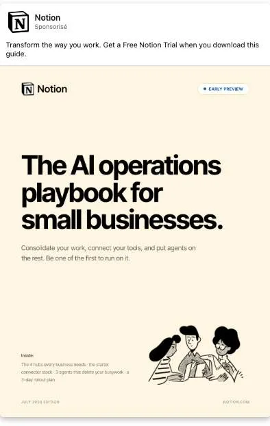 Publicité LinkedIn Notion : Playbook AI operations small business, early preview, essai gratuit