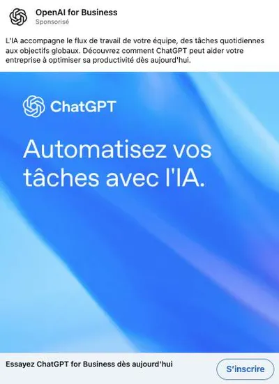 Publicité LinkedIn OpenAI : Automatisez vos tâches avec l'IA, texte seul fond dégradé, promesse générique