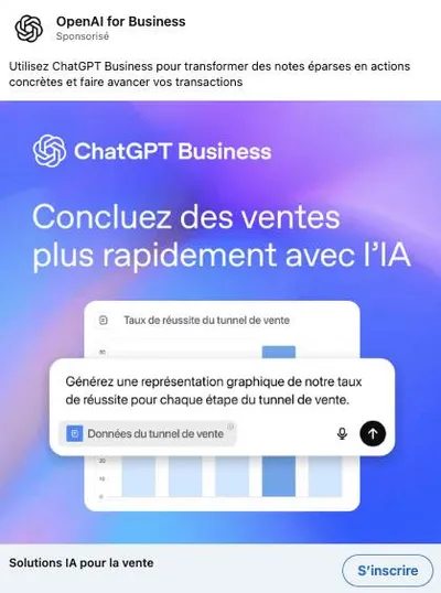Publicité LinkedIn OpenAI : Concluez des ventes plus rapidement avec l'IA, mockup prompt tunnel de vente, cible sales