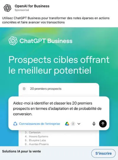 Publicité LinkedIn OpenAI : Prospects ciblés meilleur potentiel, mockup prompt classement 20 prospects, cible sales