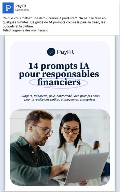 Publicité LinkedIn PayFit : 14 prompts IA pour responsables financiers, cible DAF PME