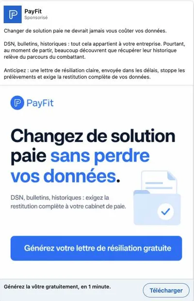Publicité LinkedIn PayFit : Changez de solution paie sans perdre vos données, générateur lettre de résiliation gratuite