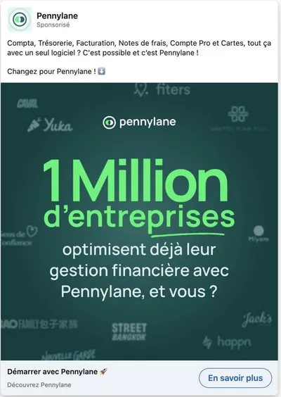 Publicité LinkedIn Pennylane : 1 million d'entreprises, logo wall clients, CTA changez pour Pennylane
