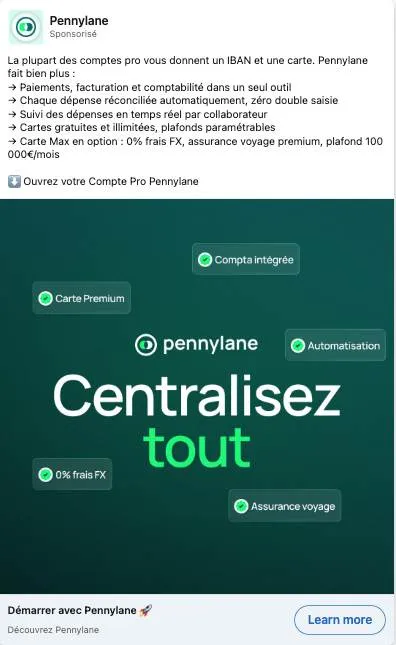 Publicité LinkedIn Pennylane : Centralisez tout vs comptes pro classiques, bulles features