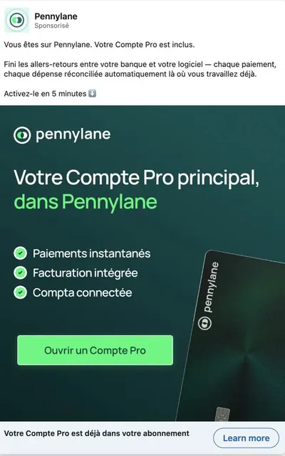 Publicité LinkedIn Pennylane : Compte Pro inclus dans votre abonnement, cible clients existants, activation 5 minutes