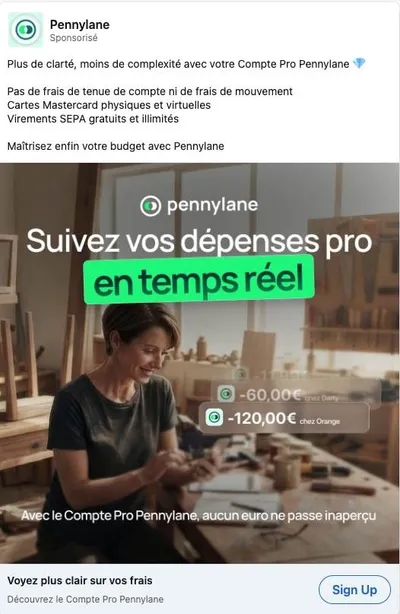Publicité LinkedIn Pennylane : Suivez vos dépenses pro en temps réel, zéro frais, notifications