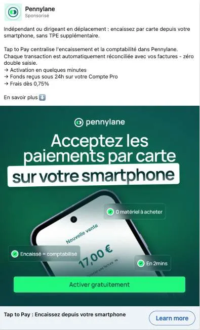 Publicité LinkedIn Pennylane : Tap to Pay sur smartphone, frais 0.75%, fonds sous 24h