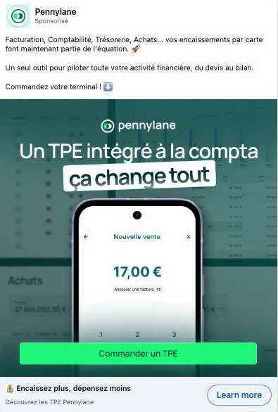 Publicité LinkedIn Pennylane : TPE intégré à la compta, commander un terminal