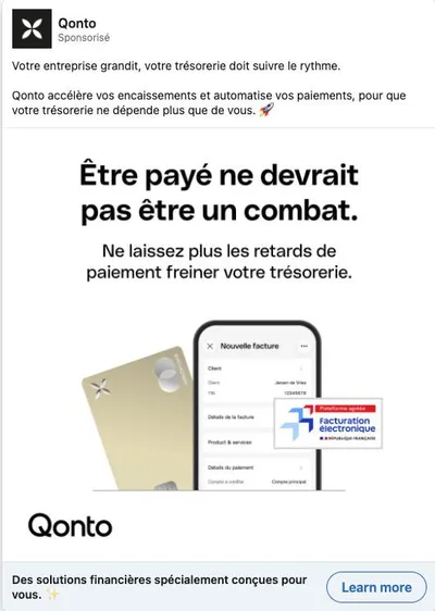 Publicité LinkedIn Qonto : Être payé ne devrait pas être un combat, retards paiement, label facturation électronique