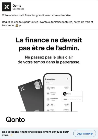 Publicité LinkedIn Qonto : La finance ne devrait pas être de l'admin, paperasse, mockup carte