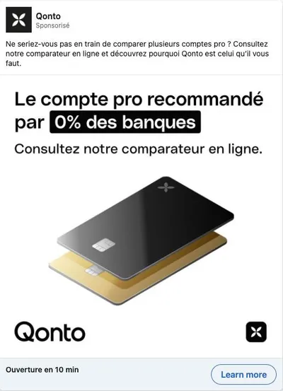 Publicité LinkedIn Qonto : Recommandé par 0% des banques, hook provocateur, comparateur en ligne