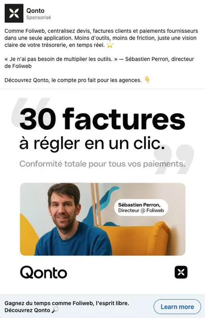 Publicité LinkedIn Qonto : Témoignage Foliweb 30 factures en un clic, cible agences