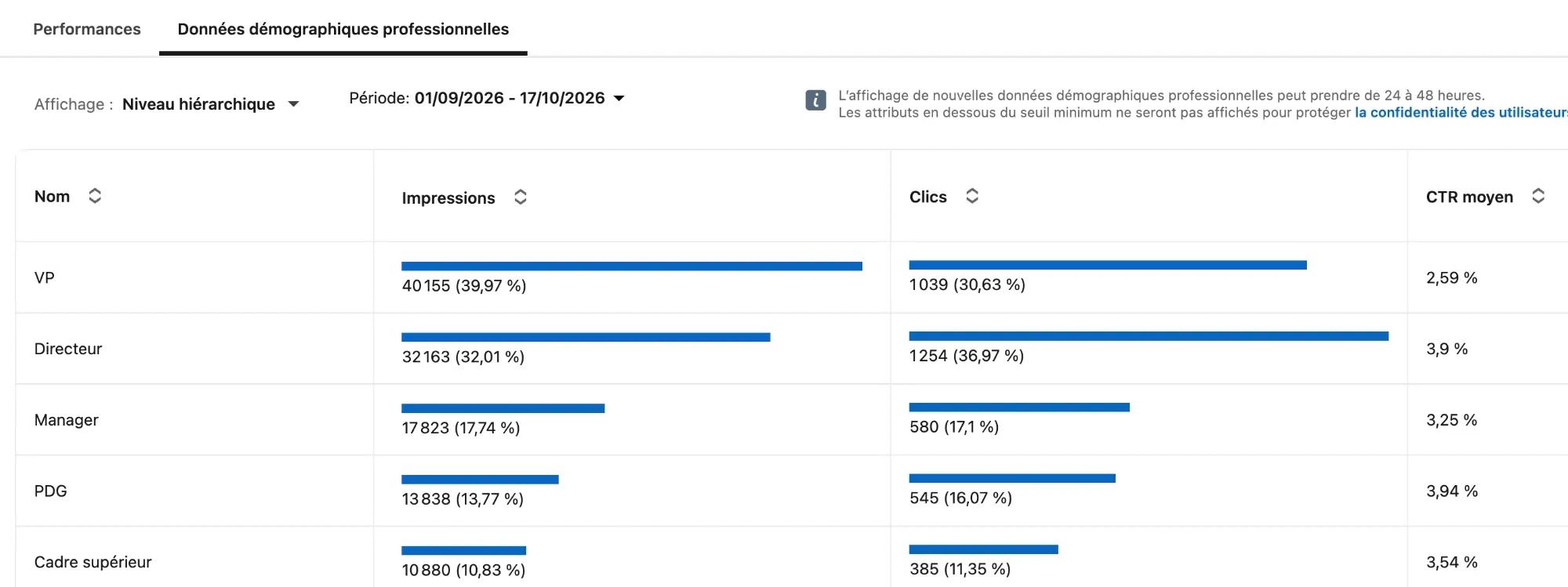 Rapport démographique LinkedIn Ads par niveau hiérarchique : VP, directeur, manager, PDG et cadre supérieur