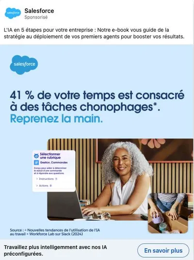 Publicité LinkedIn Salesforce : 41% du temps en tâches chronophages, source Workforce Lab, ebook IA 5 étapes