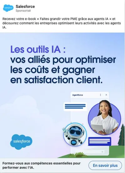 Publicité LinkedIn Salesforce : Ebook agents IA PME, coûts et satisfaction client, Agentforce