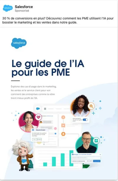 Publicité LinkedIn Salesforce : Guide IA pour PME, hook 30% conversions en plus, cas d'usage