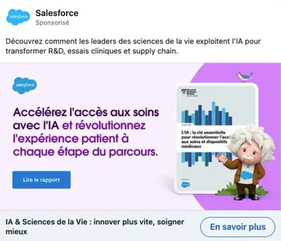Publicité LinkedIn Salesforce : Rapport HBR IA sciences de la vie, vertical santé, mascotte Einstein