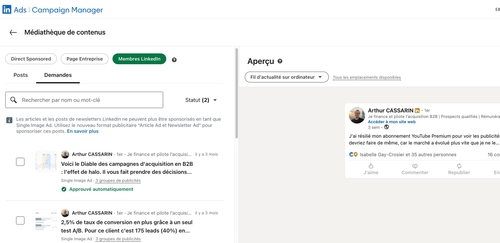 Sélection d'un post en Thought Leader Ad dans Campaign Manager