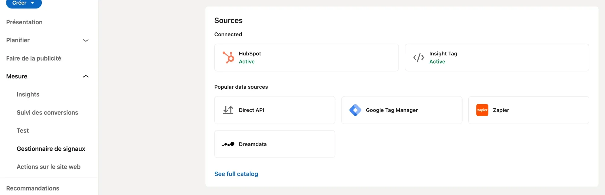 Sources de données connectées dans Campaign Manager : synchronisation HubSpot et Insight Tag actives