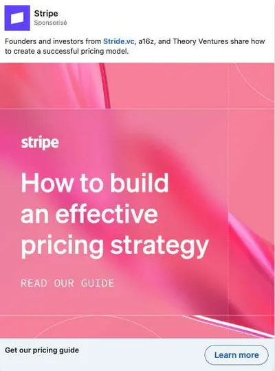 Publicité LinkedIn Stripe : Guide pricing strategy, name dropping Stride.vc a16z Theory Ventures, cible fondateurs