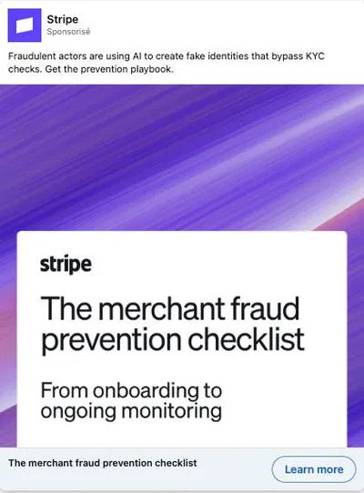 Publicité LinkedIn Stripe : Merchant fraud prevention checklist, hook fraude IA et KYC, playbook